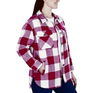 Members Mark Womens Button Front Long Sleeve Warm Plaid Shacket Pink SMALL New